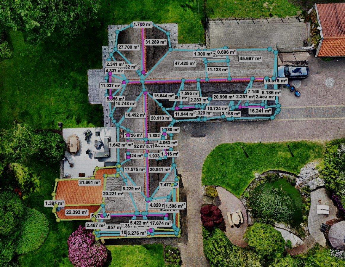 3D-model van rieten boerderij — bovenaanzicht met per dakvlak ingemeten oppervlakte