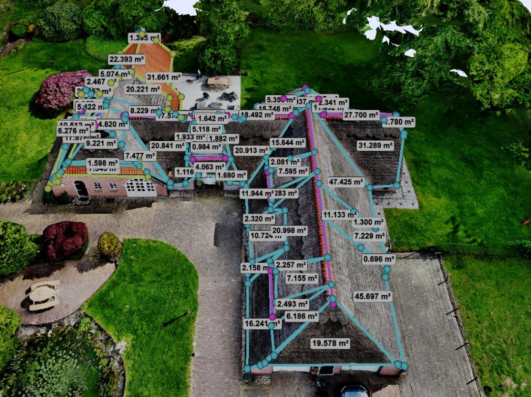 3D-model van rieten boerderij — schuin aanzicht met riet- en pannendakvlakken